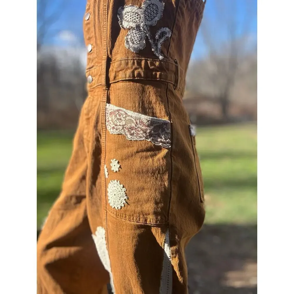 Up-cycles by Ckay | Hand Sewn Lace & Crochet Patchwork Flare Overalls - Picture 3 of 8